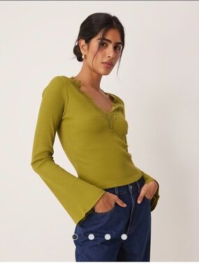 ASOS DESIGN ribbed v neck top with lace trim and flared sleeve in olive